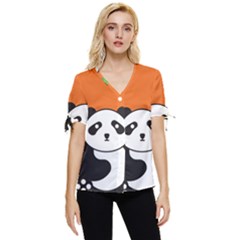 Panda Animal Orange Sun Nature Bow Sleeve Button Up Top by Semog4