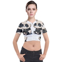 Cute Panda Bear Animal Cartoon Short Sleeve Cropped Jacket by Semog4