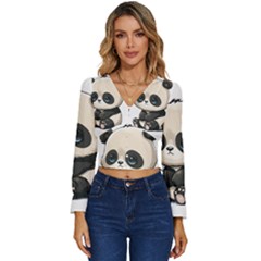 Cute Panda Bear Animal Cartoon Long Sleeve V-neck Top by Semog4