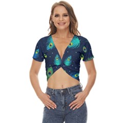 Blue Background Pattern Feather Peacock Twist Front Crop Top by Semog4