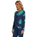 Blue Background Pattern Feather Peacock Long Sleeve Crew Neck Pullover Top View2