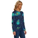 Blue Background Pattern Feather Peacock Long Sleeve Crew Neck Pullover Top View3