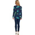 Blue Background Pattern Feather Peacock Long Sleeve Crew Neck Pullover Top View4