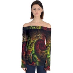 Green And Red Lights Wallpaper Fractal Digital Art Artwork Off Shoulder Long Sleeve Top by Semog4