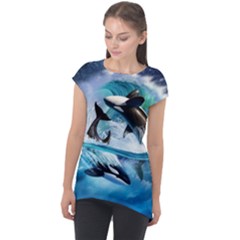 Orca Wave Water Underwater Sky Cap Sleeve High Low Top by Semog4