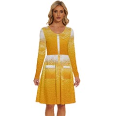 Texture Pattern Macro Glass Of Beer Foam White Yellow Long Sleeve Dress With Pocket by Semog4