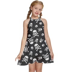 Skull-crossbones-seamless-pattern-holiday-halloween-wallpaper-wrapping-packing-backdrop Kids  Halter Collar Waist Tie Chiffon Dress by Ravend