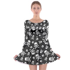 Skull Crossbones Seamless Pattern Holiday-halloween-wallpaper Wrapping Packing Backdrop Long Sleeve Skater Dress by Ravend