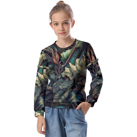 Tropical Leaf Leaves Foliage Monstera Nature Kids  Long Sleeve Tee With Frill  by Jancukart