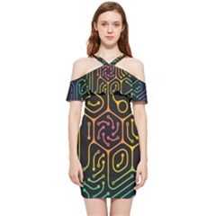 Circuit Hexagonal Geometric Pattern Background Pattern Shoulder Frill Bodycon Summer Dress by Jancukart