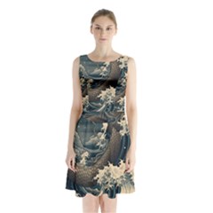 Sea Dragon Kanagawa Sea Monster Sleeveless Waist Tie Chiffon Dress by Jancukart