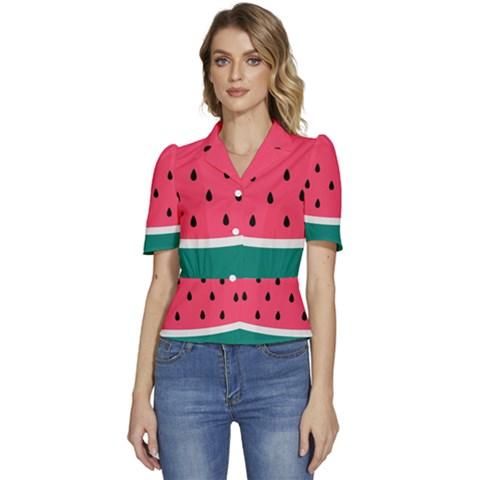 Watermelon Fruit Pattern Puffed Short Sleeve Button Up Jacket by Semog4