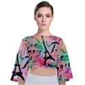 From Paris Abstract Art Pattern Tie Back Butterfly Sleeve Chiffon Top View1
