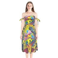 Psychedelic Rock Jimi Hendrix Shoulder Tie Bardot Midi Dress by Semog4