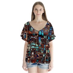 Stained Glass Mosaic Abstract V-neck Flutter Sleeve Top by Semog4