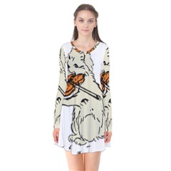 Cat Playing The Violin Art Long Sleeve V-neck Flare Dress by oldshool