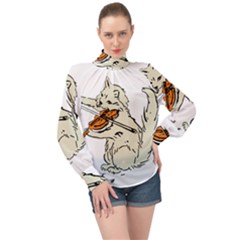 Cat Playing The Violin Art High Neck Long Sleeve Chiffon Top by oldshool