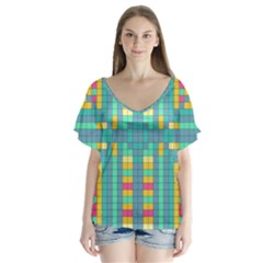 Checkerboard-squares-abstract- V-neck Flutter Sleeve Top by Semog4