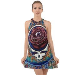 Grateful Dead Skull Rose Halter Tie Back Chiffon Dress by Semog4