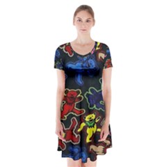 Grateful Dead Pattern Short Sleeve V-neck Flare Dress by Semog4