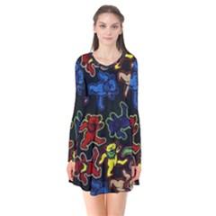 Grateful Dead Pattern Long Sleeve V-neck Flare Dress by Semog4