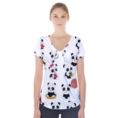 Playing Pandas Cartoons Short Sleeve Front Detail Top by Semog4