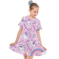 Beautiful Cute Animals Pattern Pink Kids  Short Sleeve Shirt Dress by Semog4