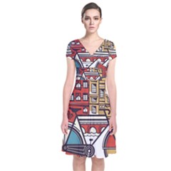 Amsterdam Graphic Design Poster Illustration Short Sleeve Front Wrap Dress by Salman4z