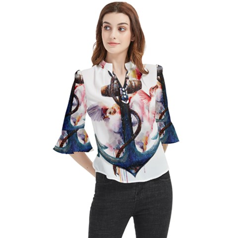 Anchor Watercolor Painting Tattoo Art Anchors And Birds Loose Horn Sleeve Chiffon Blouse by Salman4z