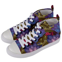 Purple Red And Green Flowers Digital Wallpaper Patterns Ornament Women s Mid-top Canvas Sneakers by Salman4z