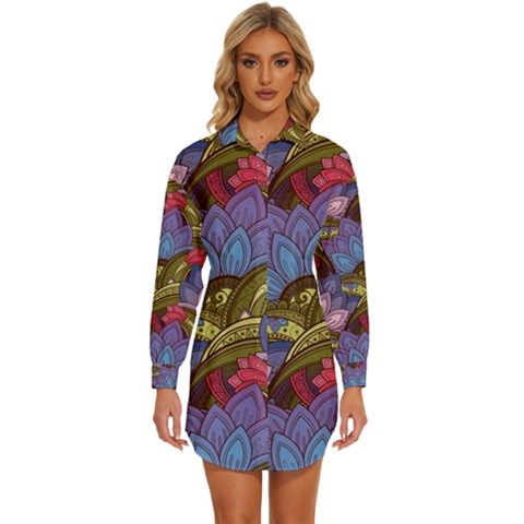 Purple Red And Green Flowers Digital Wallpaper Patterns Ornament Womens Long Sleeve Shirt Dress by Salman4z