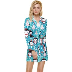 Blue Penguin Pattern Christmas Long Sleeve Satin Robe by Salman4z