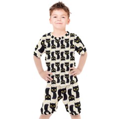 Black Cats And Dots Koteto Cat Pattern Kitty Kids  Tee And Shorts Set by Salman4z