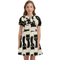 Black Cats And Dots Koteto Cat Pattern Kitty Kids  Bow Tie Puff Sleeve Dress by Salman4z