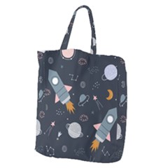 Space Background Illustration With Stars And Rocket Seamless Vector Pattern Giant Grocery Tote by Salman4z