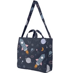 Space Background Illustration With Stars And Rocket Seamless Vector Pattern Square Shoulder Tote Bag by Salman4z