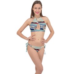 Wave Japanese Mount Fuji Woodblock Print Ocean Cross Front Halter Bikini Set by Salman4z