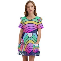 Rainbow Fun Cute Minimal Doodle Drawing Art Kids  Frilly Sleeves Pocket Dress by Jancukart