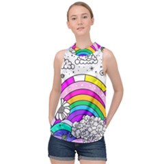 Rainbow Fun Cute Minimal Doodle Drawing 3 High Neck Satin Top by Jancukart