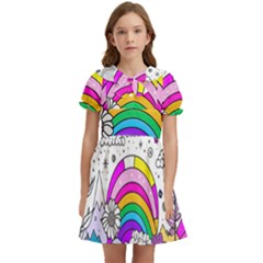 Rainbow Fun Cute Minimal Doodle Drawing 3 Kids  Bow Tie Puff Sleeve Dress by Jancukart