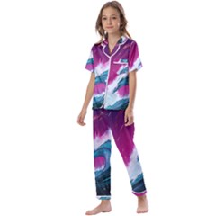 Tsunami Waves Ocean Sea Nautical Nature Water Unique Kids  Satin Short Sleeve Pajamas Set by Jancukart