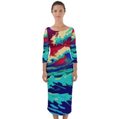 Tsunami Waves Ocean Sea Nautical Nature Water 9 Quarter Sleeve Midi Bodycon Dress by Jancukart