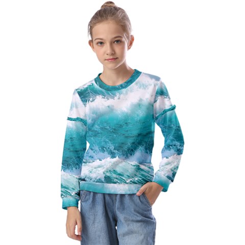 Waves Ocean Sea Tsunami Nautical 4 Kids  Long Sleeve Tee With Frill  by Jancukart