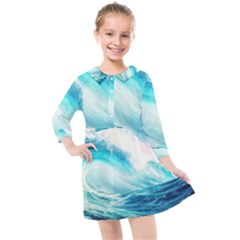 Tsunami Waves Ocean Sea Nautical Nature Water 8 Kids  Quarter Sleeve Shirt Dress by Jancukart