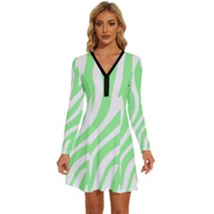 Green Zebra Vibes Animal Print  Long Sleeve Deep V Mini Dress  by ConteMonfrey