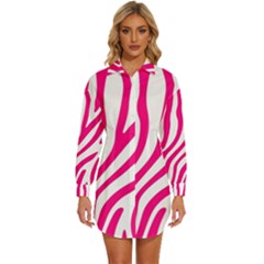 Pink Fucsia Zebra Vibes Animal Print Womens Long Sleeve Shirt Dress