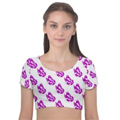 Purple Butterflies On Their Own Way  Velvet Short Sleeve Crop Top  by ConteMonfrey