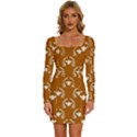 Brown Golden Bees Long Sleeve Square Neck Bodycon Velvet Dress View1