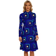 Blue Neon Squares - Modern Abstract Long Sleeve Shirt Collar A-line Dress by ConteMonfrey