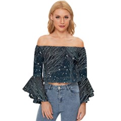 Snow Christmas Starry Night Off Shoulder Flutter Bell Sleeve Top by Simbadda